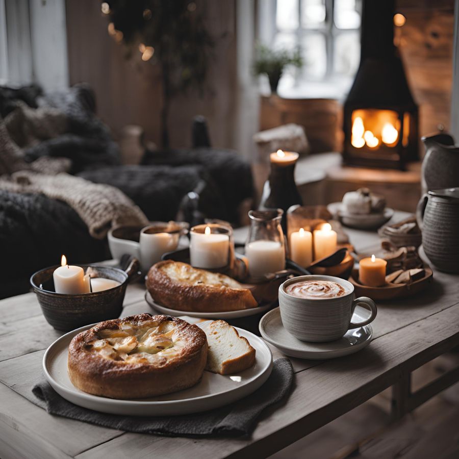 American cozy evening at home.  Fireplace, cup of coffee,  candles, savory pie