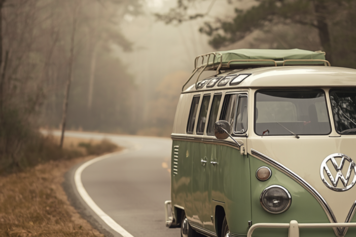 Vintage VW Bus on a long windy road