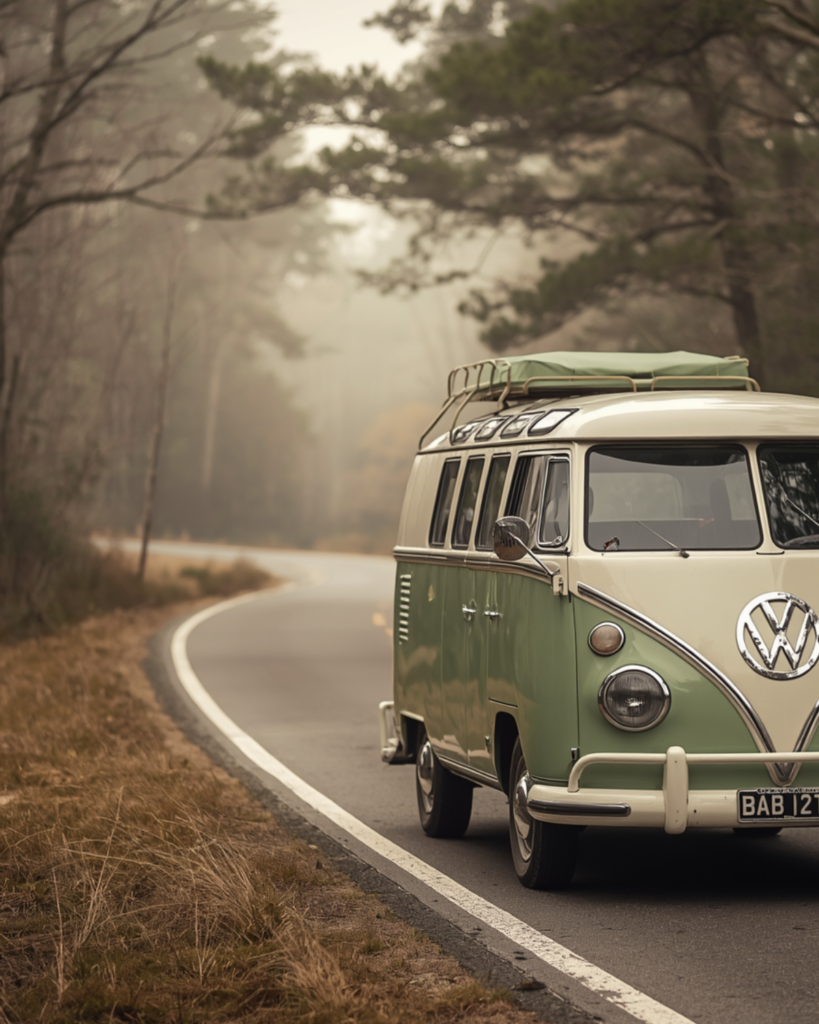 Vintage VW Bus on a long windy road