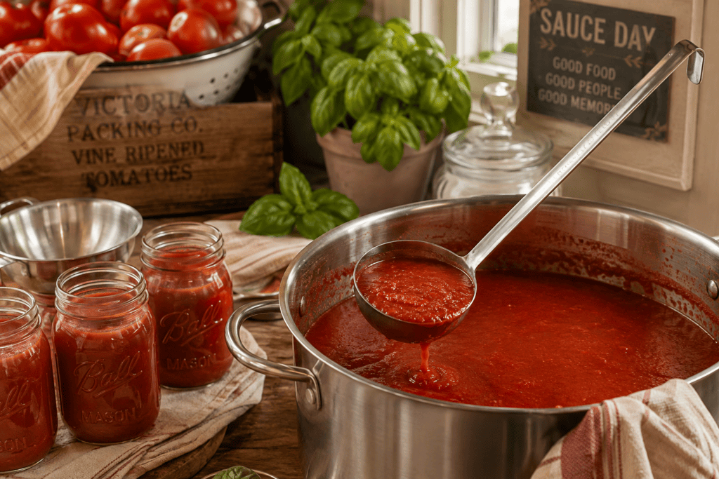 Long-handled stainless steel ladle filled with homemade tomato sauce beside a large stockpot and Mason jars during Sauce Day.