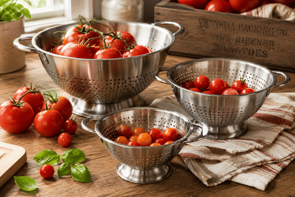 Three stainless steel colanders filled with freshly washed tomatoes on a farmhouse kitchen counter for Sauce Day preparation.