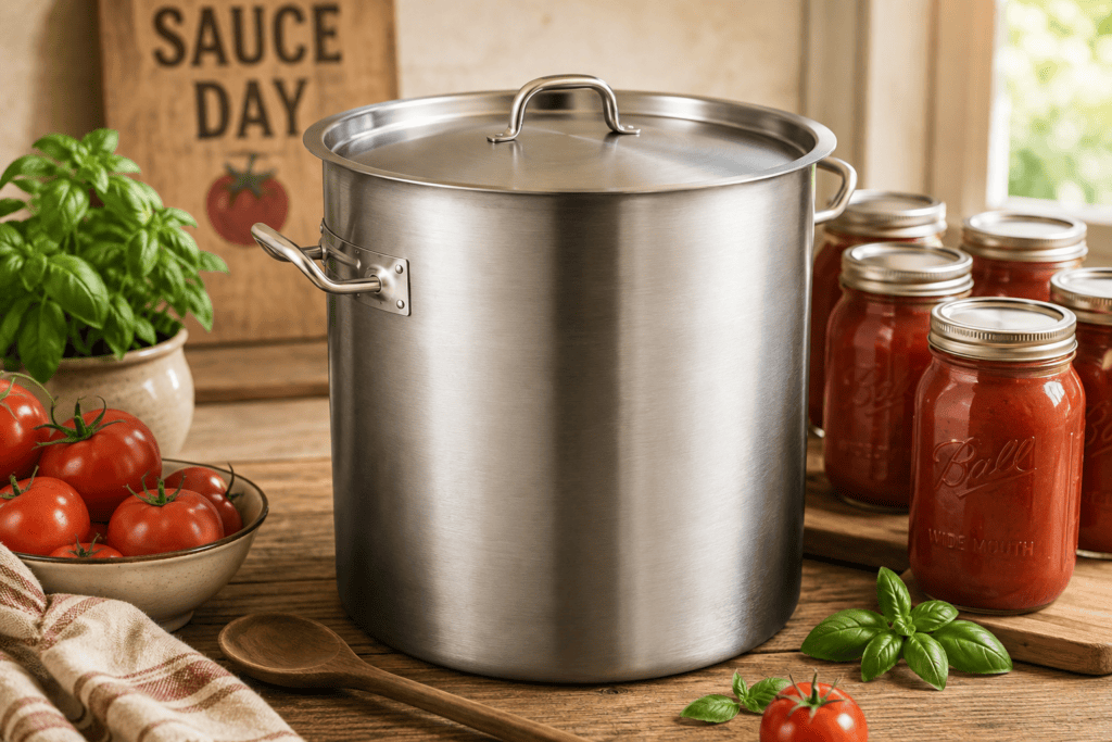 Large stainless steel stockpot surrounded by fresh tomatoes, basil, and jars of homemade tomato sauce in a warm farmhouse kitchen.