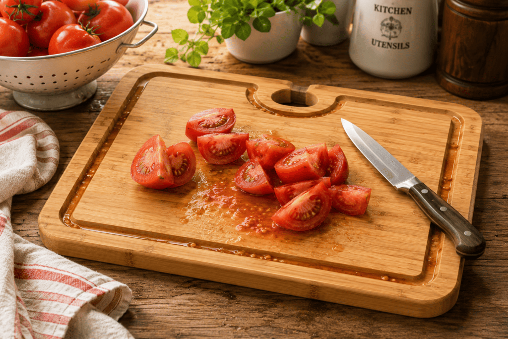 Bamboo cutting board with juice groove catching liquid from freshly chopped tomatoes during Sauce Day preparation.