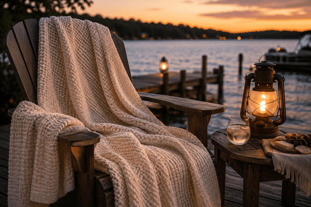 Ivory waffle-textured throw blanket draped over a wooden Adirondack chair on a lakeside dock at sunset, beside a glowing lantern and small table.