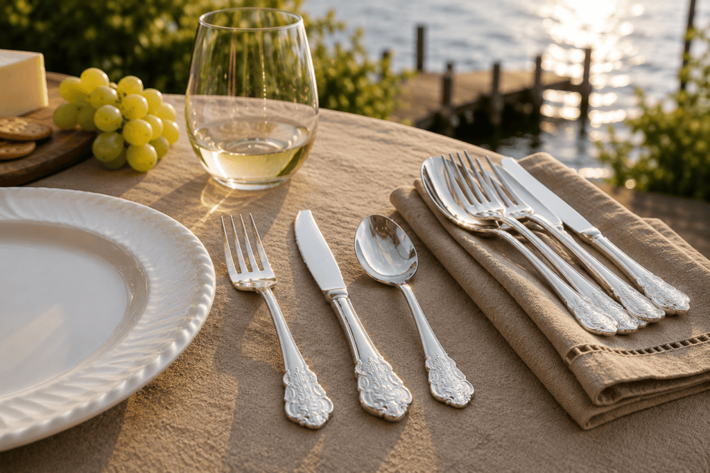 Silver-look disposable forks, knives and spoons arranged with white dinnerware on a linen-covered lakeside table