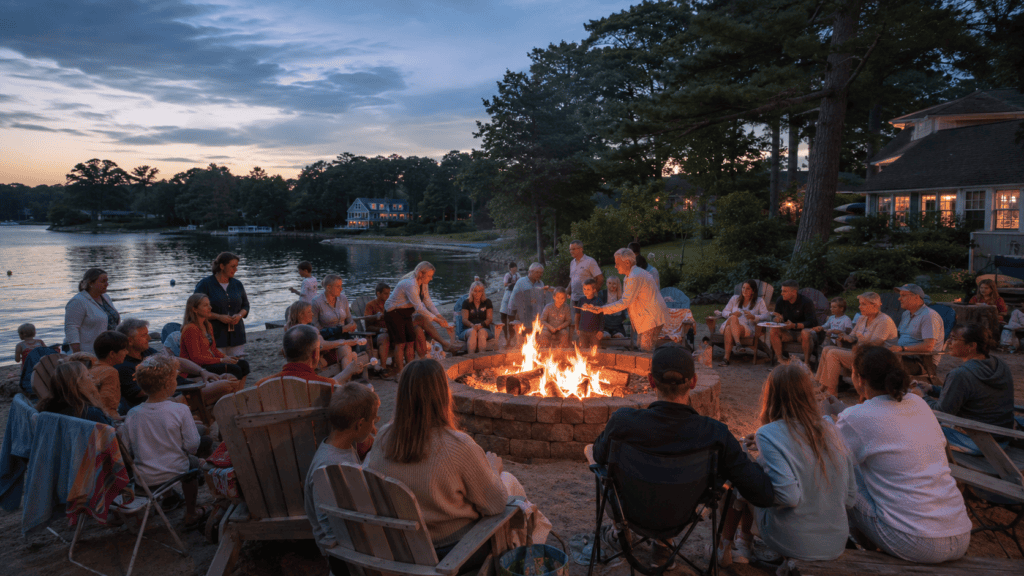 Large multigenerational family gathered around a circular fire pit beside the lake at dusk.