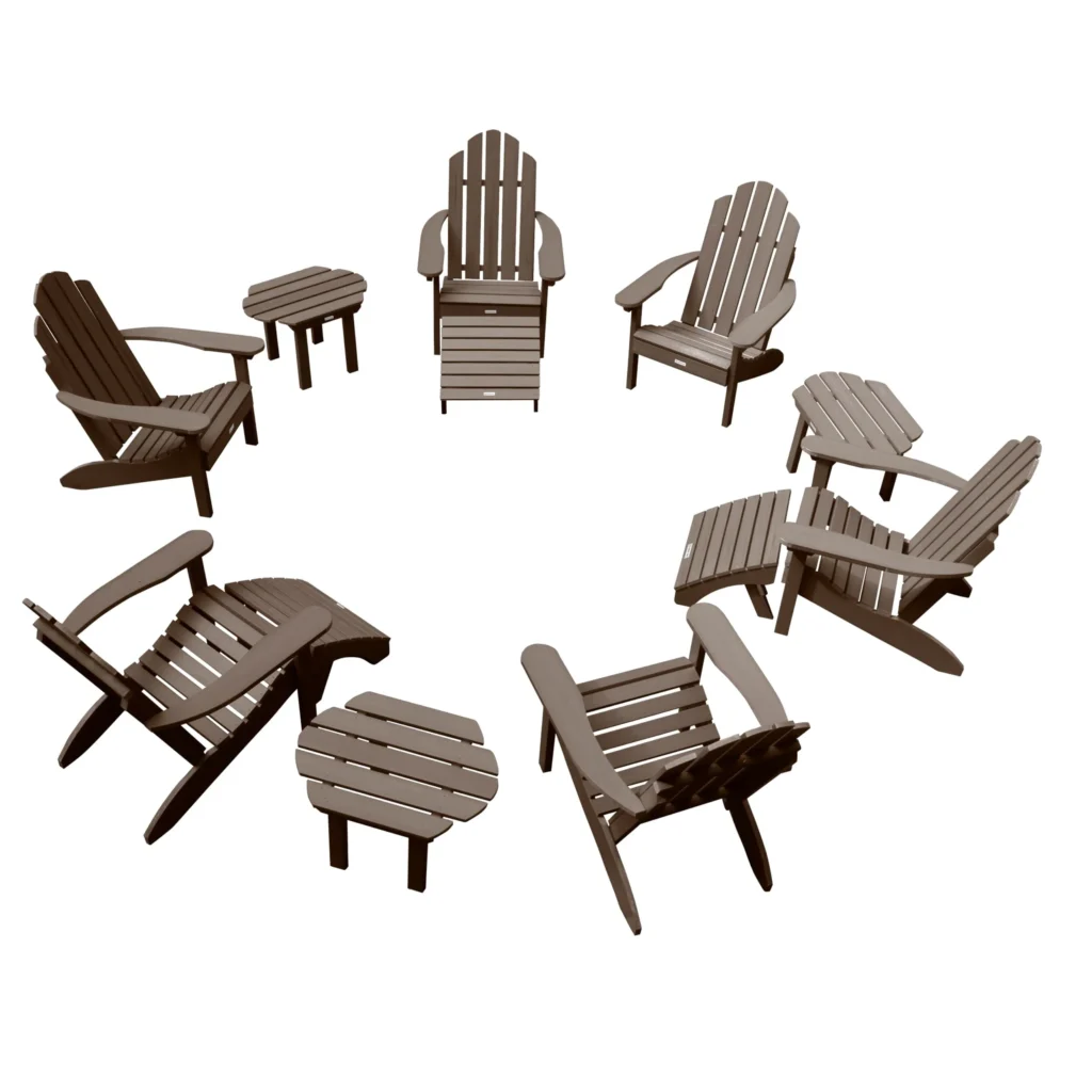 Highwood Classic Westport Adirondack Fireside Set with six chairs, three tables and three ottomans.