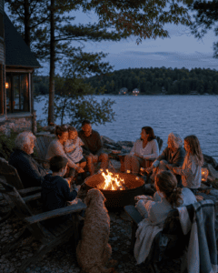Multigenerational family roasting marshmallows around a lakeside fire pit at dusk.