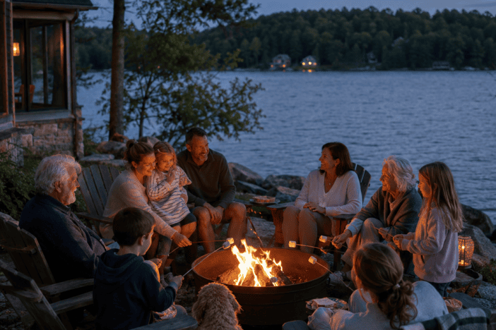 Multigenerational family roasting marshmallows around a lakeside fire pit at dusk.