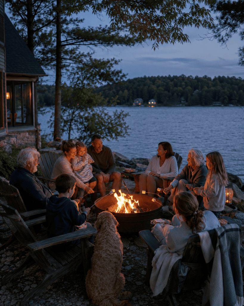 Multigenerational family roasting marshmallows around a lakeside fire pit at dusk.