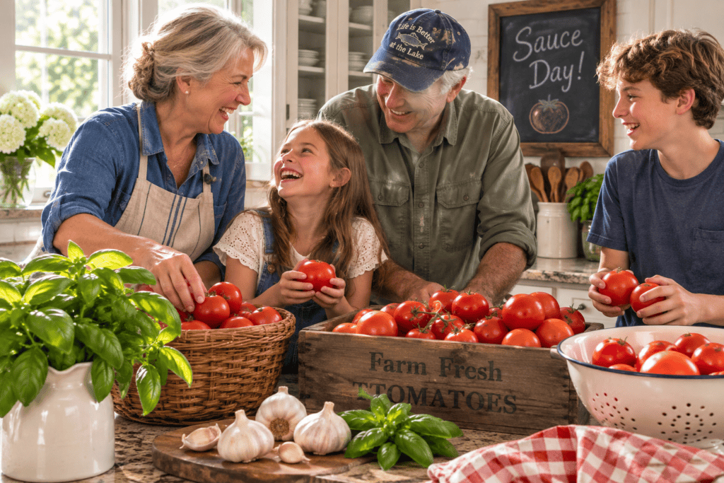 Family laughing together in a farmhouse kitchen while gathering fresh tomatoes, basil, and garlic for Sauce Day.