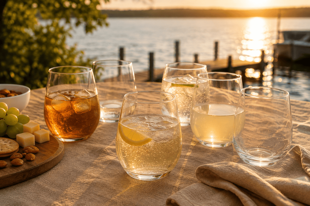 Clear stemless glasses with sparkling water, citrus drinks and iced tea on a linen-covered lakeside table at sunset
