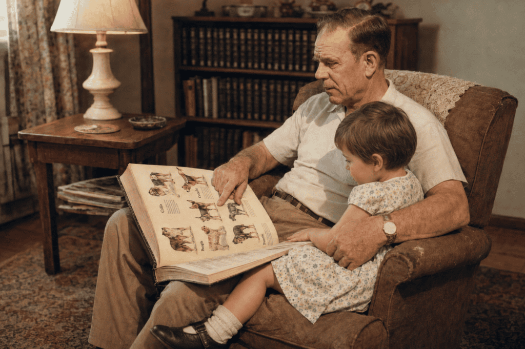 A little girl with short brown hair sits on her grandfather’s lap as he points to dog illustrations in a large encyclopedia.