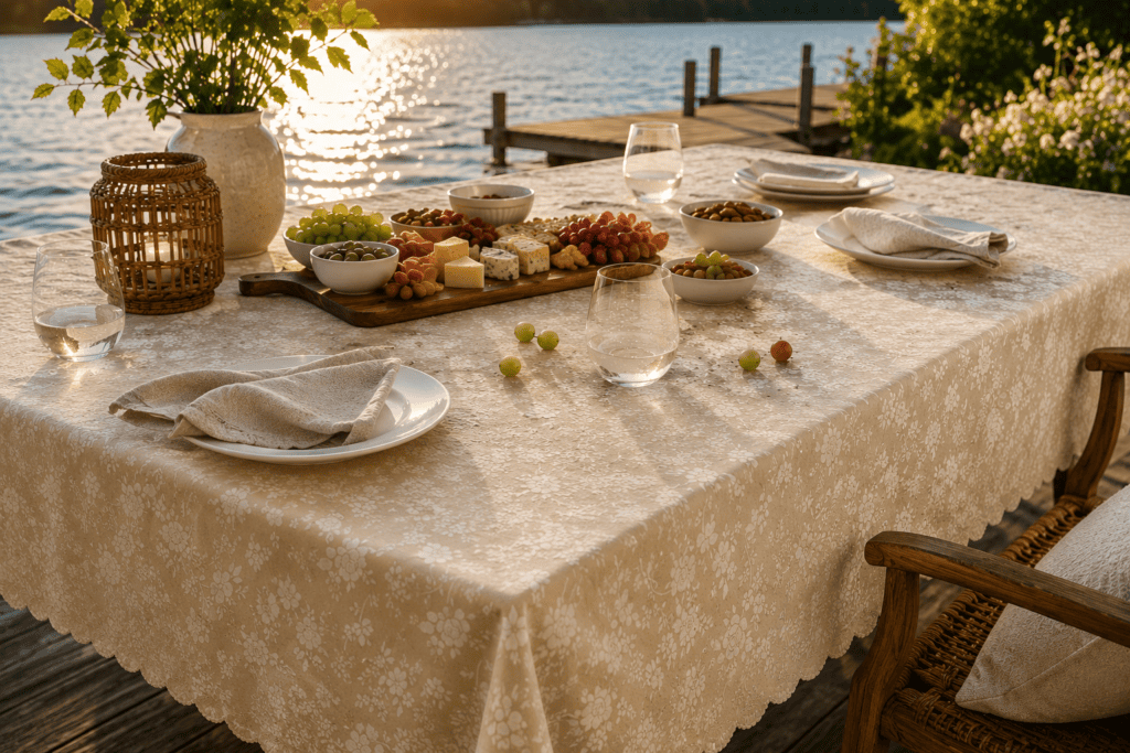 Cream floral vinyl tablecloth styled with charcuterie, white dinnerware and stemless glasses on a golden-hour lakeside table