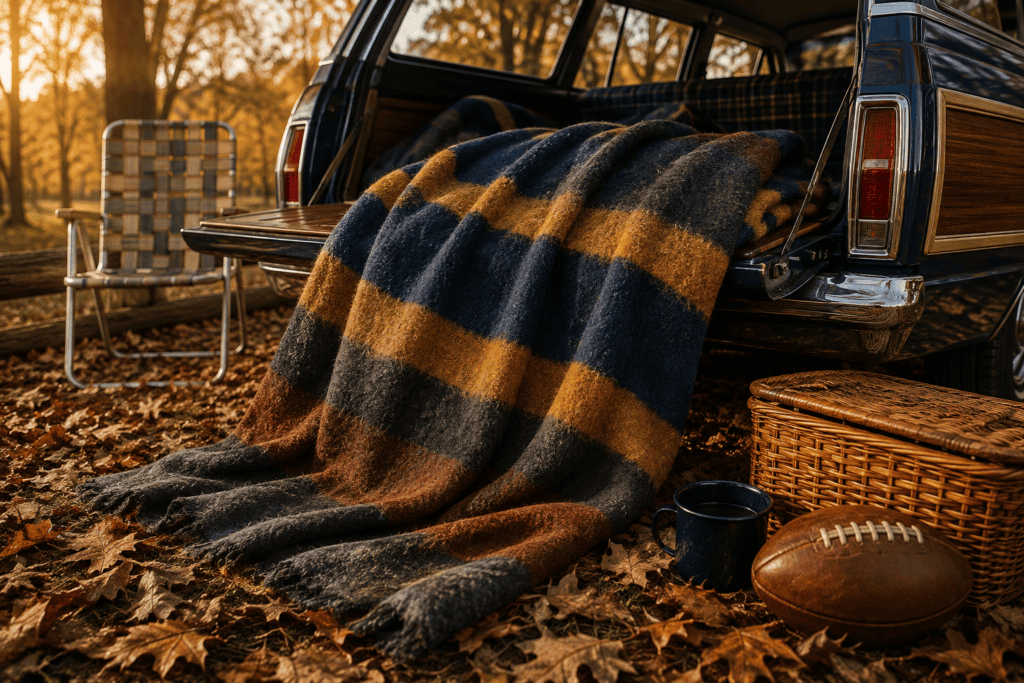 Heritage-inspired striped wool camp blanket draped from a vintage blue wood-paneled station wagon at an autumn tailgate with a picnic basket, football, enamel mug, and retro lawn chair.