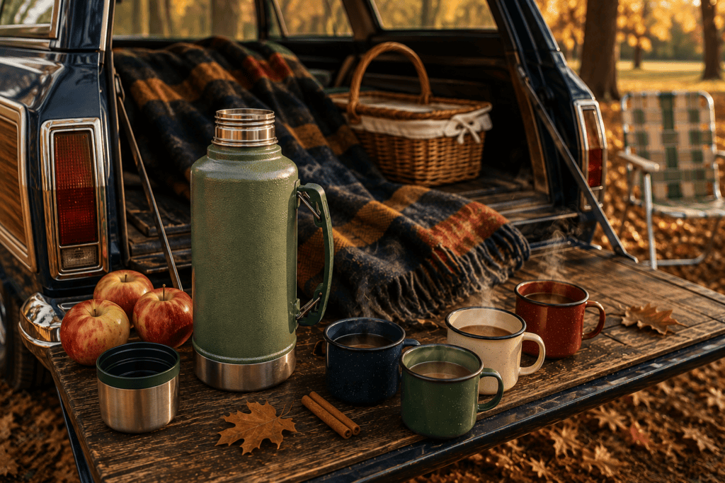 Sage green heritage-style vacuum bottle with steaming enamel mugs and apples on the tailgate of a vintage blue wood-paneled station wagon in autumn.
