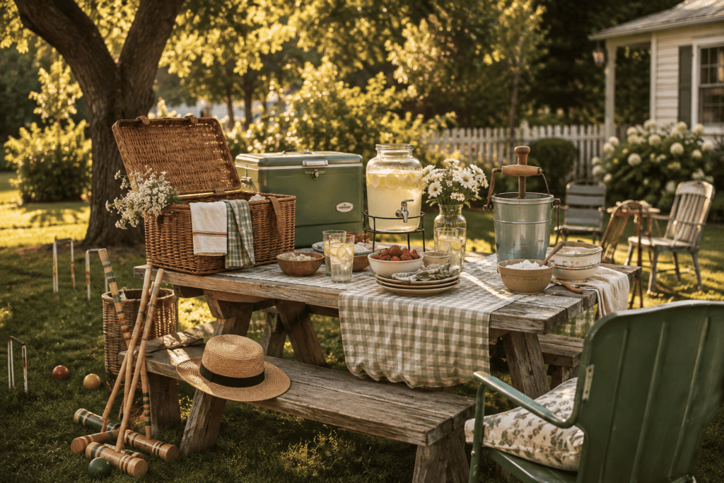 Vintage-inspired backyard summer gathering with a wicker picnic basket, green cooler, lemonade dispenser, croquet set and picnic table in golden-hour light.