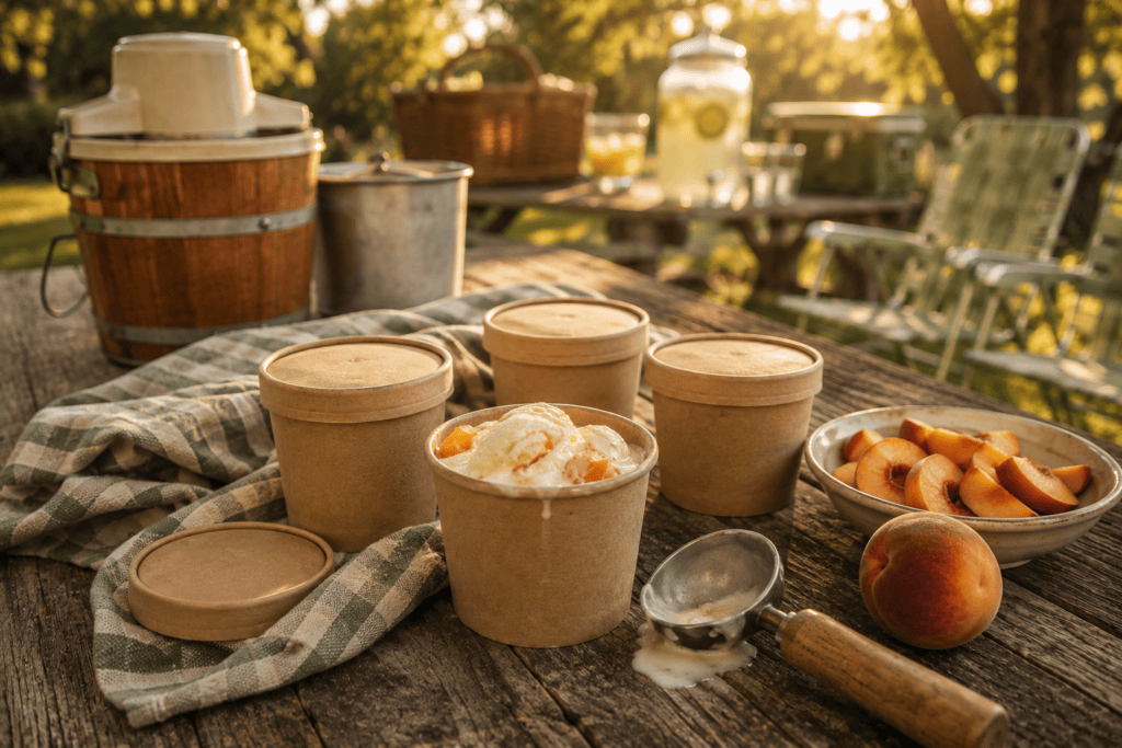 Small kraft pint containers filled with homemade peach ice cream beside fresh peaches and an old-fashioned ice cream maker at a summer backyard gathering.