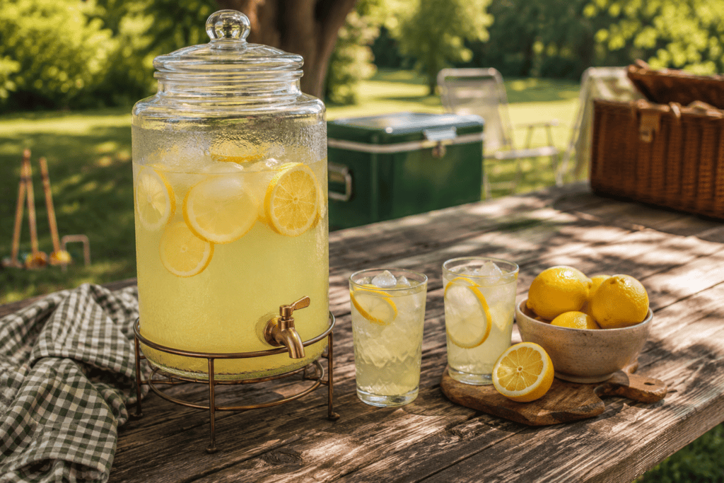 Glass beverage dispenser filled with homemade lemonade, ice and fresh lemon slices on a weathered picnic table at a summer backyard gathering.