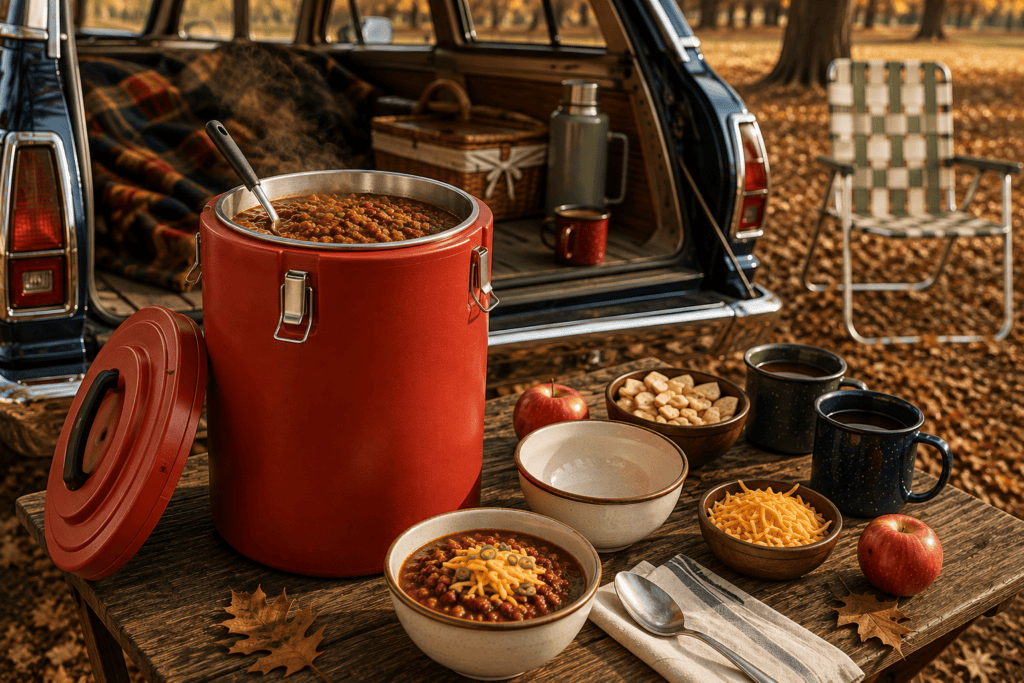 Tall red insulated soup carrier filled with hot chili beside bowls, enamel mugs, apples, and a vintage blue station wagon at an autumn tailgate.