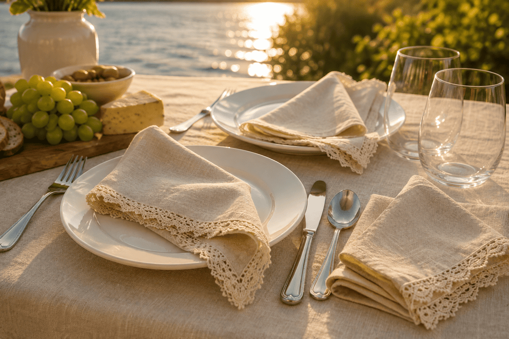 Natural linen dinner napkins with delicate cream lace trim styled with white plates and silver flatware on a golden-hour lakeside table.