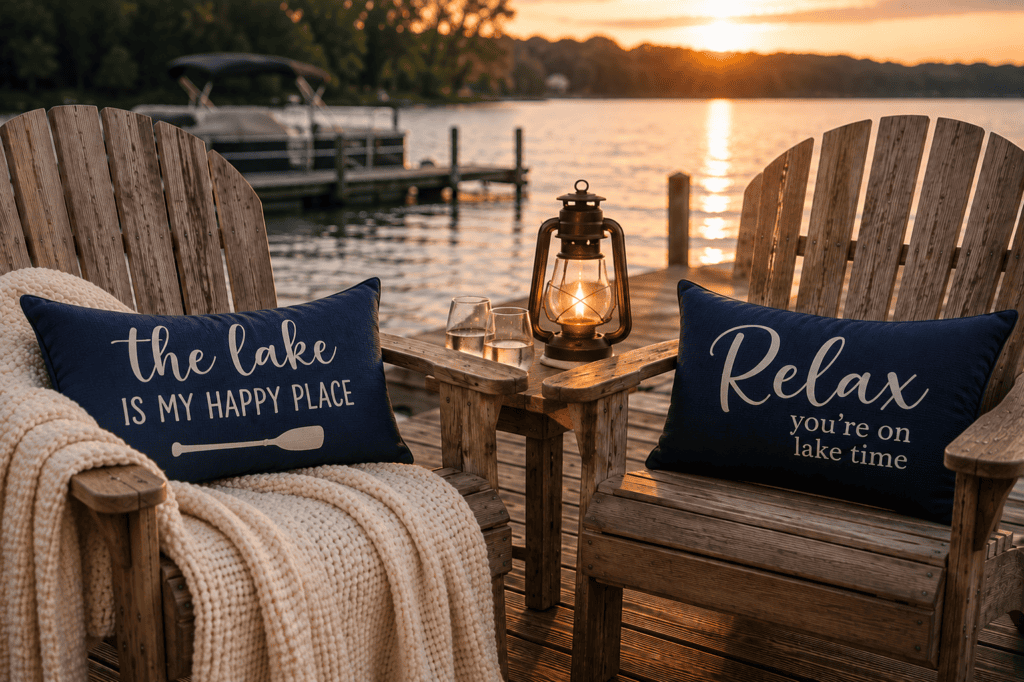 Navy lumbar pillows reading “The lake is my happy place” and “Relax you’re on lake time” on Adirondack chairs beside a peaceful lake at sunset.