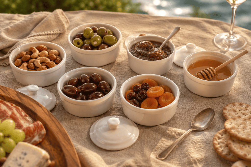 White porcelain serving bowls filled with olives, nuts, fig preserves, honey and dried fruit at a lakeside charcuterie gathering