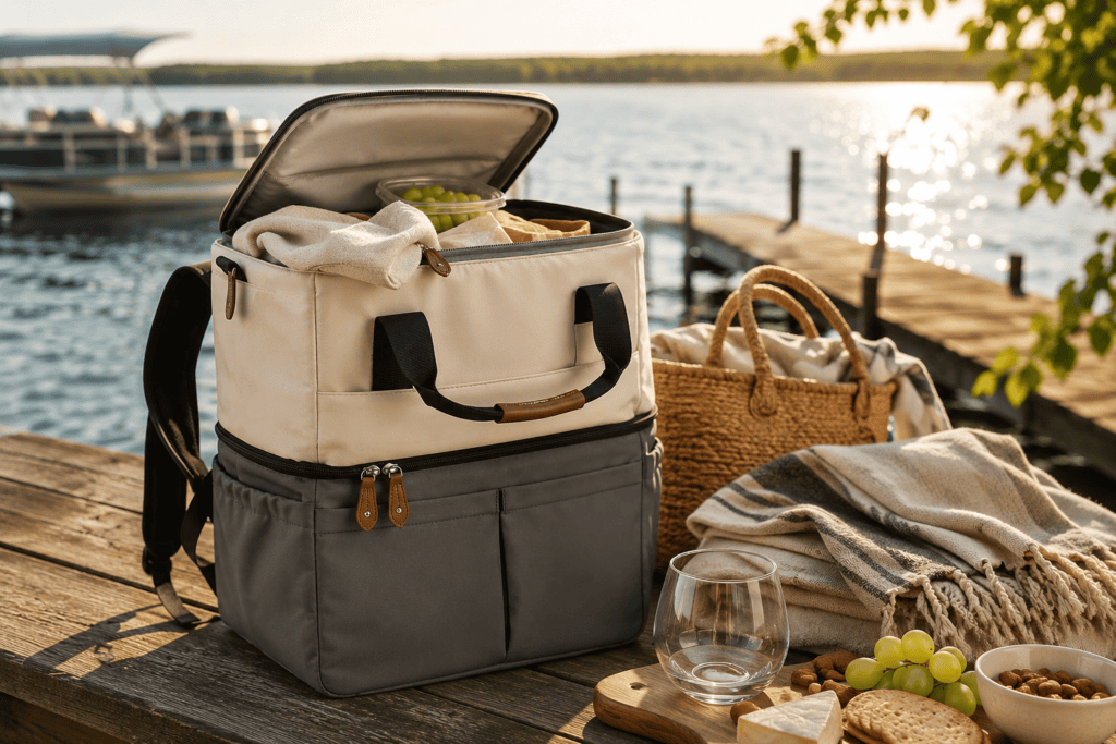 Cream and charcoal insulated cooler backpack packed with picnic essentials on a wooden dock beside a lake