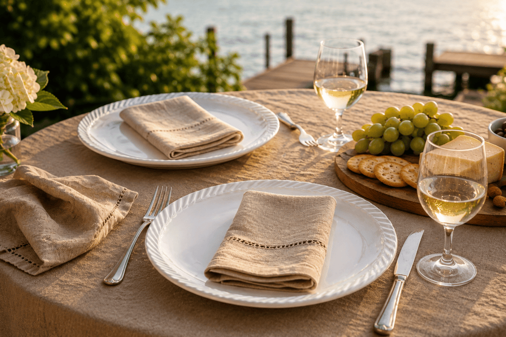 Round white dinner plates with subtle rope-textured rims and linen napkins set on a lakeside table at golden hour