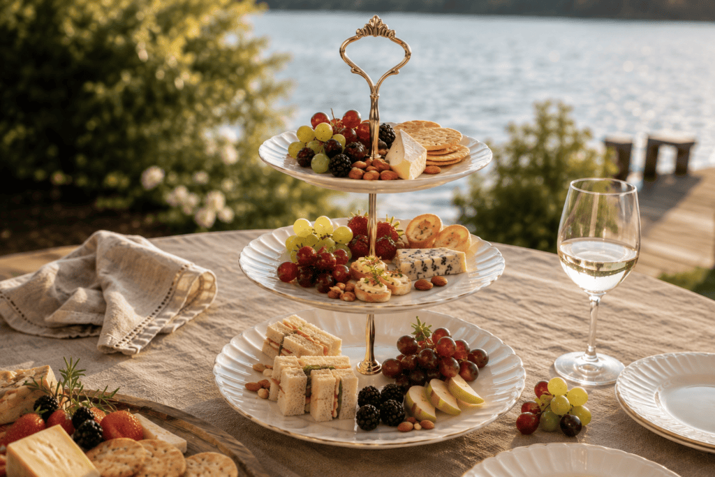 Three-tiered white china serving stand with gold accents filled with cheese, fruit, crackers and small bites at a lakeside gathering