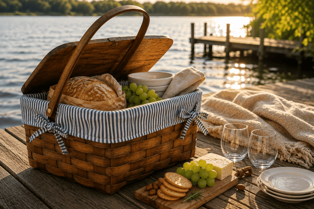 Handwoven wooden picnic basket with a blue-and-white striped liner and ties, filled with bread, grapes, and picnic essentials beside a sunlit lake.