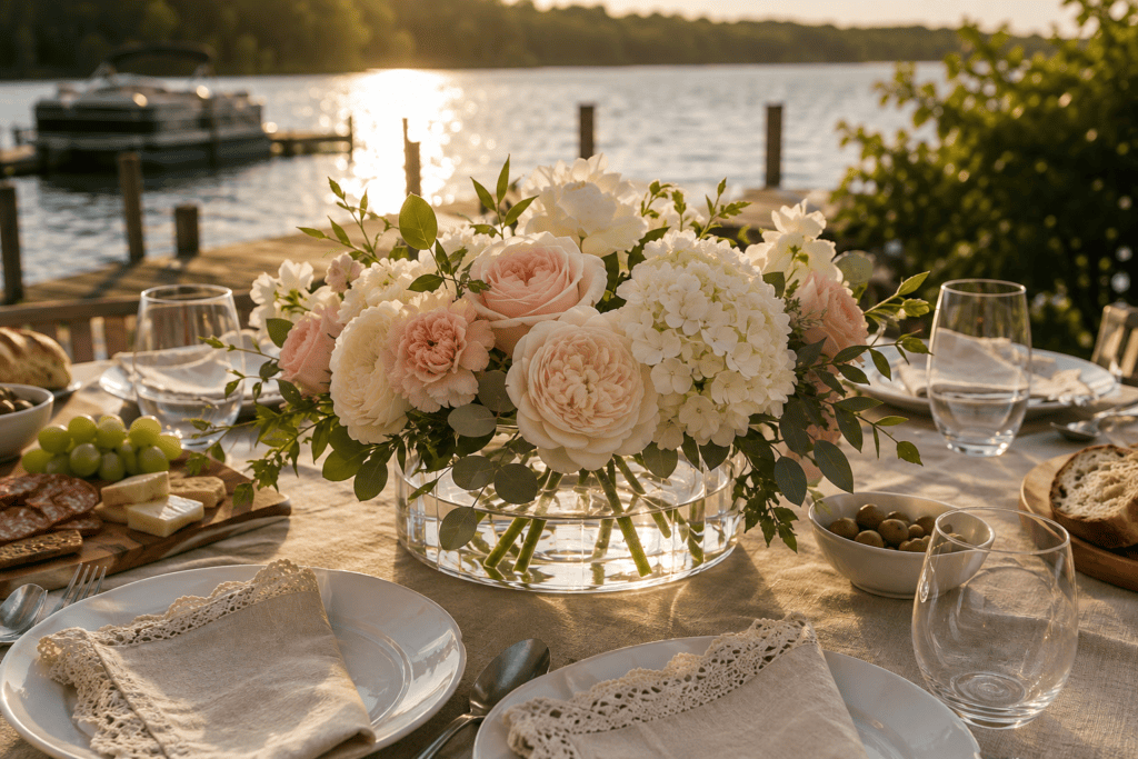 Low clear floral arranging vase holding hydrangeas and roses on a linen-covered lakeside table at golden hour.