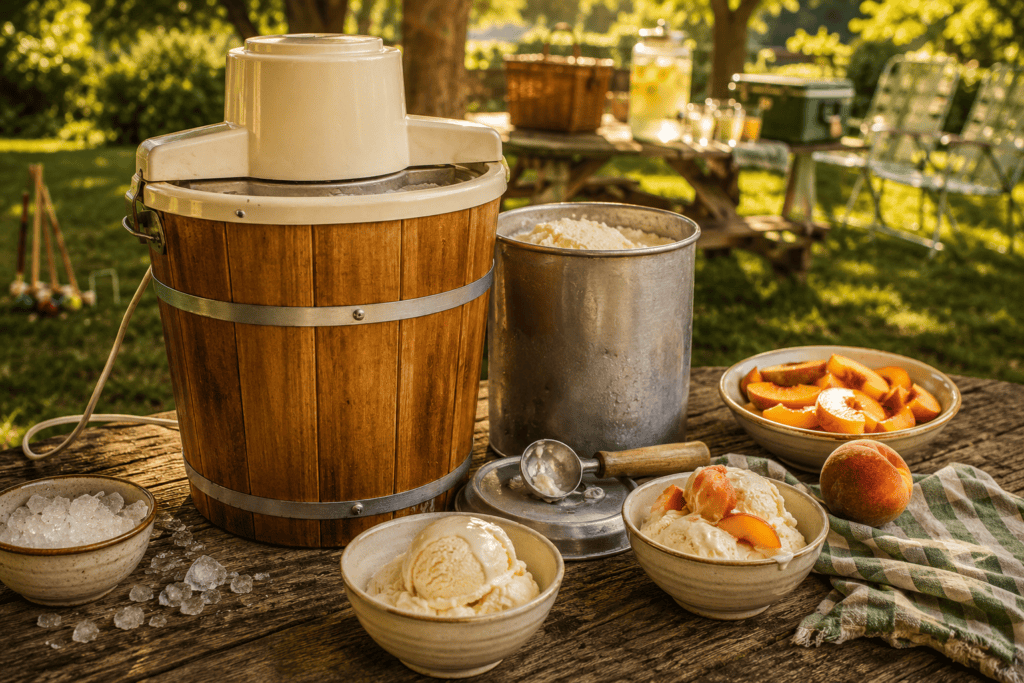 Vintage-inspired wooden ice cream maker with homemade vanilla ice cream and fresh peaches on a weathered table at a summer backyard gathering.