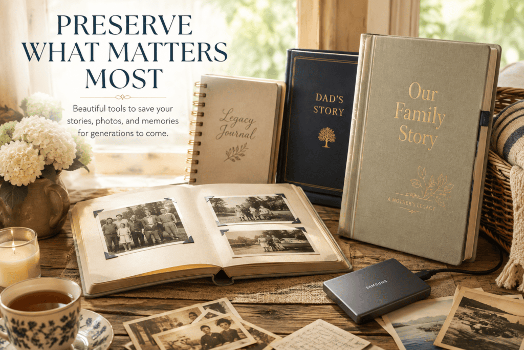 Family journals, vintage photographs, photo album and digital backup drive for preserving family stories