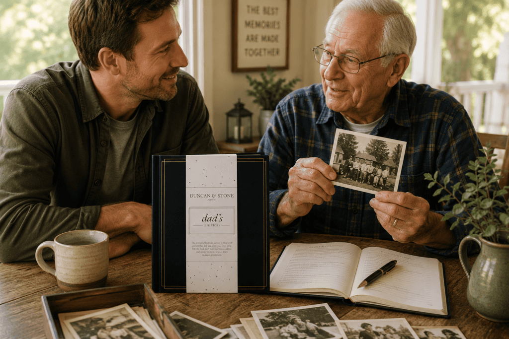 Father sharing an old family photograph with his adult son while preserving family stories