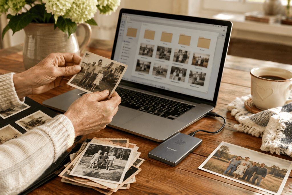 Woman organizing vintage family photos on a laptop with an external drive for digital backup