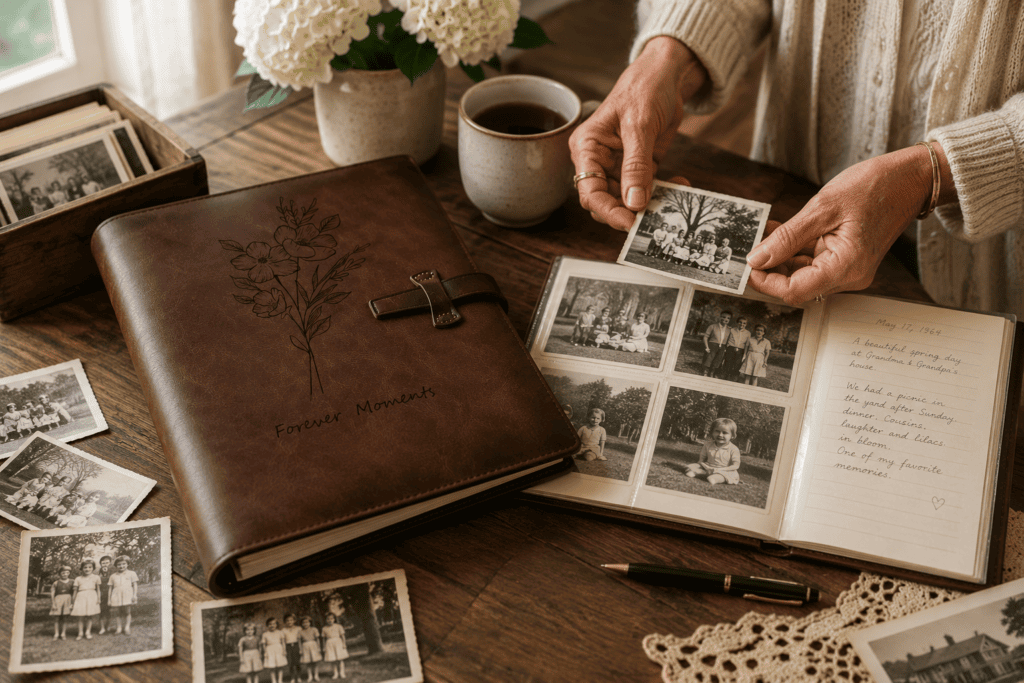 Woman organizing vintage family photos in a leather album with space for written memories