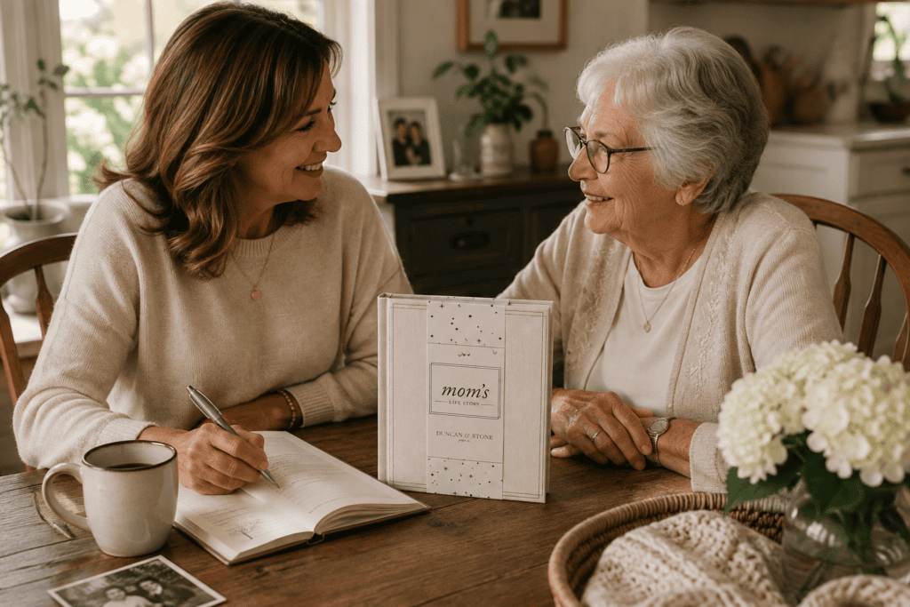 Mother and adult daughter sharing family memories while working on a guided life story journal
