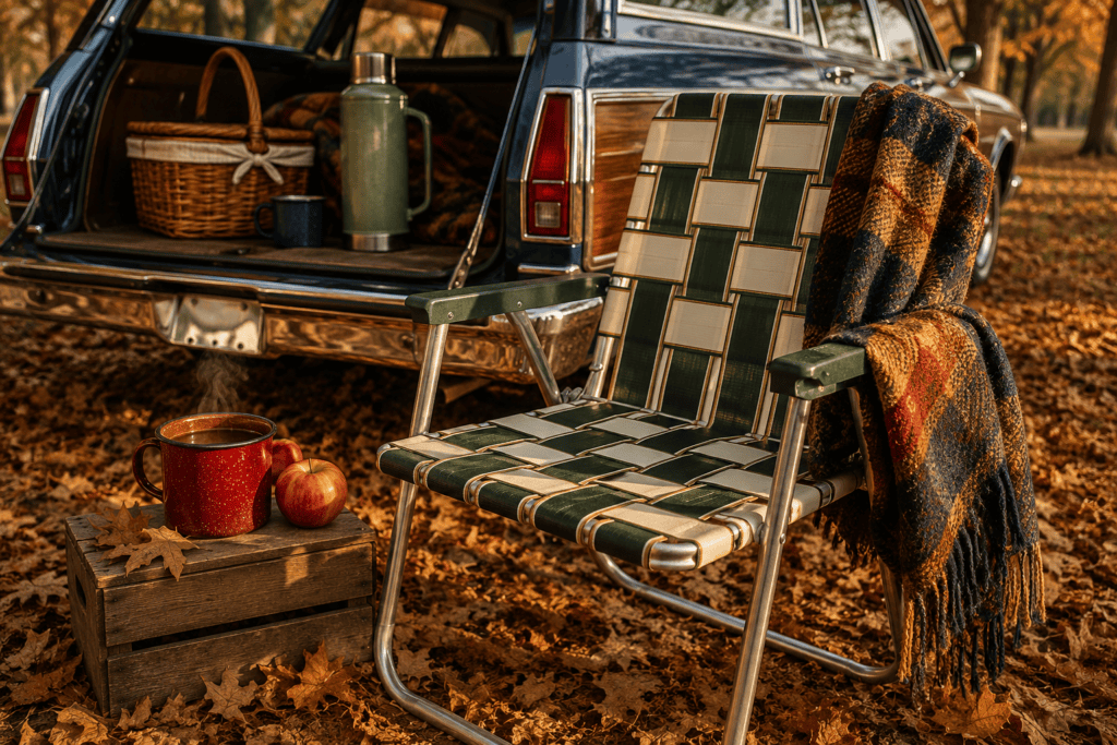 Vintage-inspired green and cream webbed aluminum lawn chair beside a dark-blue wood-paneled station wagon at a nostalgic autumn tailgate. Caption: Pull up a chair and stay awhile. A retro gree