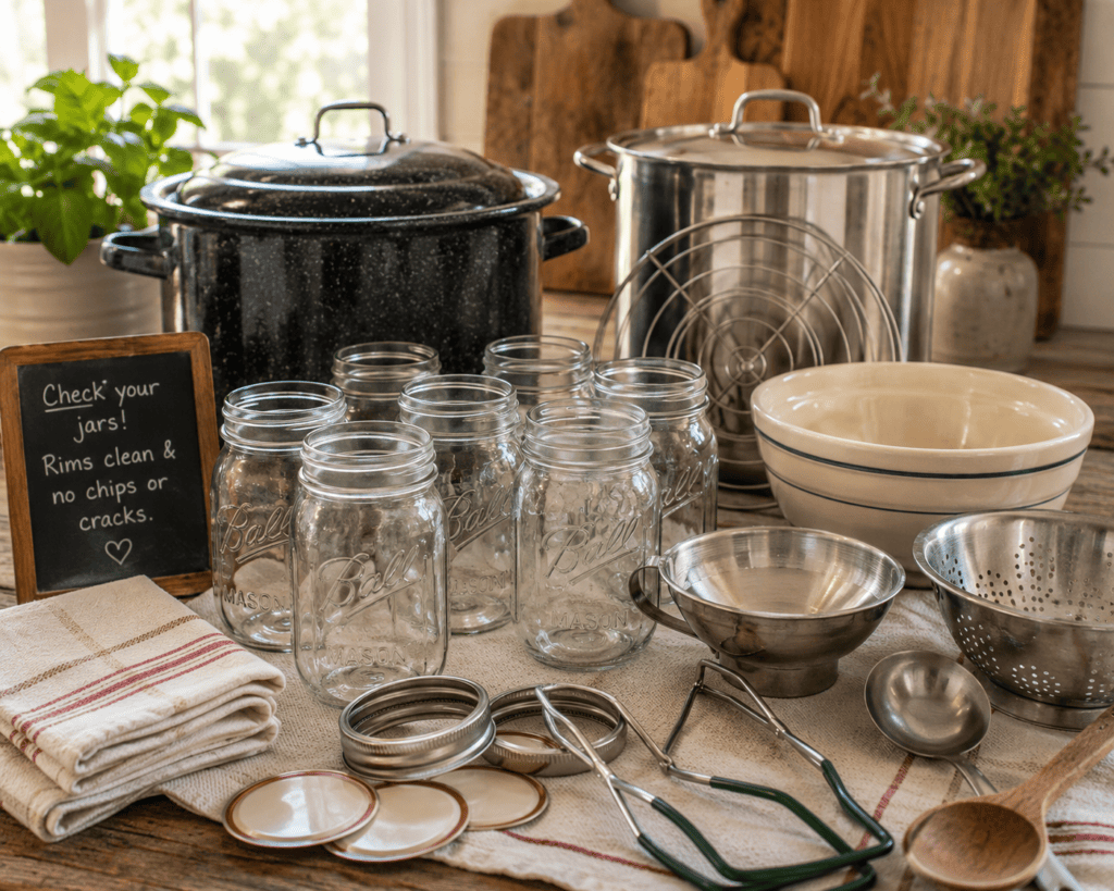Sauce Day canning equipment including Mason jars, water-bath canner, stock pot, jar lifter, funnel, ladle, colander, mixing bowls, lids, and clean kitchen towels.