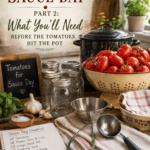 Fresh tomatoes, Mason jars, canning pot, garlic, basil, kitchen towels, and canning tools gathered on a farmhouse table for Sauce Day.