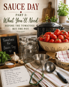 Fresh tomatoes, Mason jars, canning pot, garlic, basil, kitchen towels, and canning tools gathered on a farmhouse table for Sauce Day.