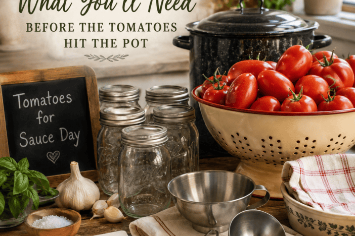 Fresh tomatoes, Mason jars, canning pot, garlic, basil, kitchen towels, and canning tools gathered on a farmhouse table for Sauce Day.