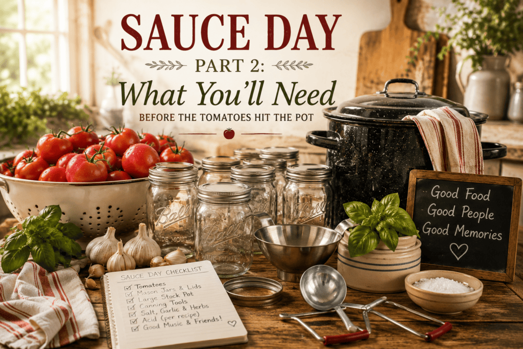 Sauce Day canning supplies with fresh tomatoes, Mason jars, canning pot, basil, garlic, and preserving tools arranged in a farmhouse kitchen.