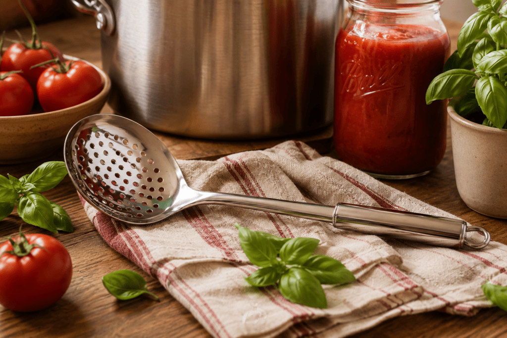 Stainless steel slotted skimmer beside fresh tomatoes, basil, a large stockpot, and jars of homemade tomato sauce during Sauce Day.