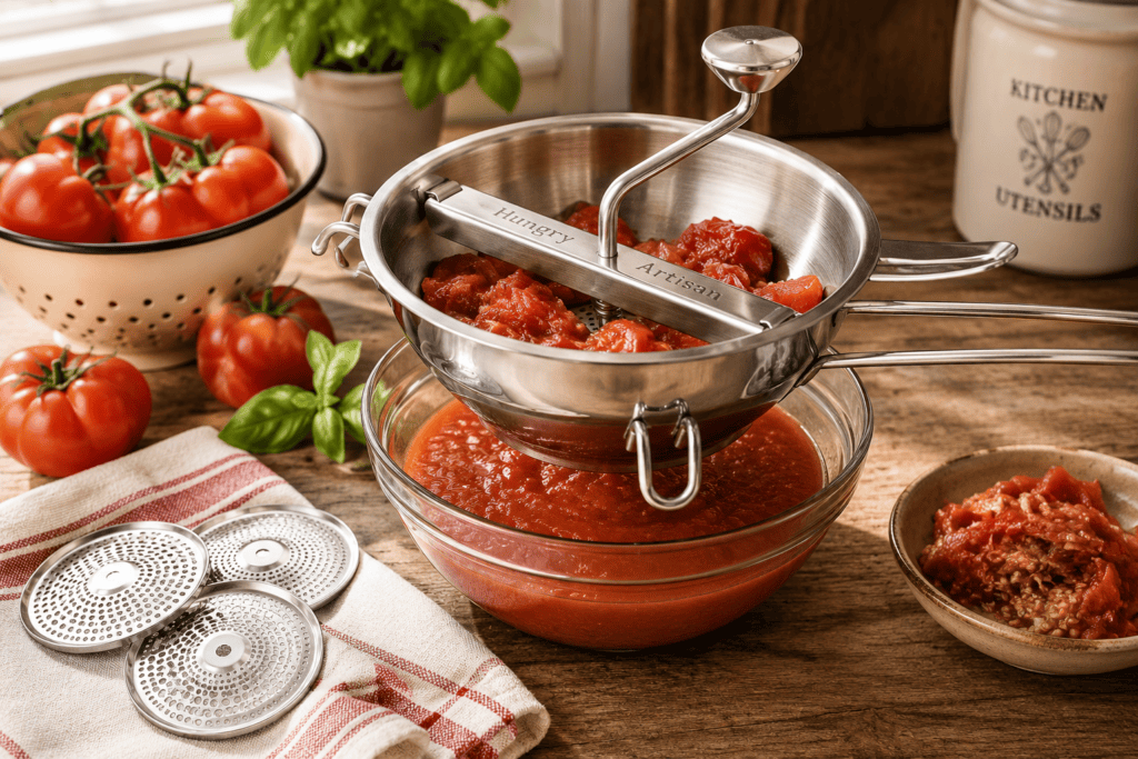Stainless steel food mill processing cooked tomatoes into smooth tomato sauce with fresh tomatoes and basil nearby.