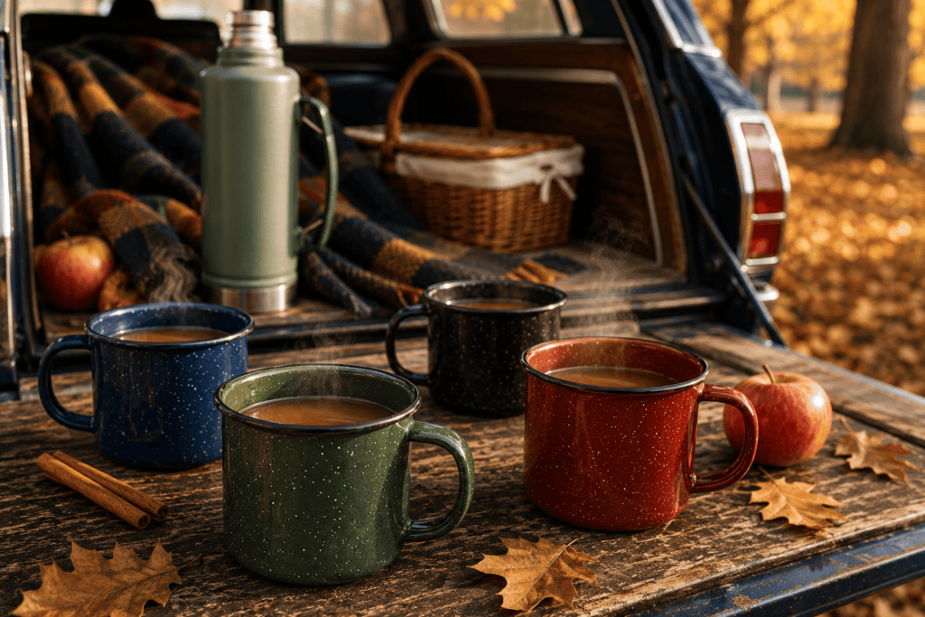 Four speckled enamel camp mugs in navy, forest green, brick red, and charcoal filled with hot apple cider on the tailgate of a vintage blue station wagon.