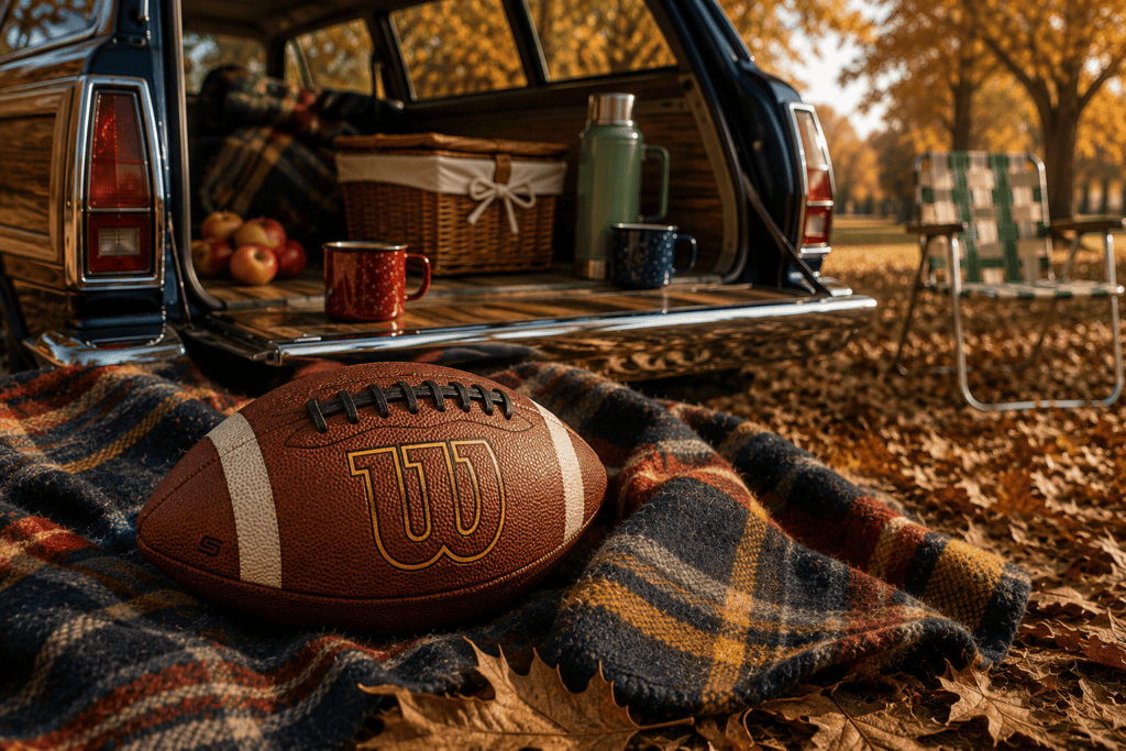 Brown leather football with a gold W resting on a heritage wool blanket beside a vintage blue wood-paneled station wagon at an autumn tailgate.
