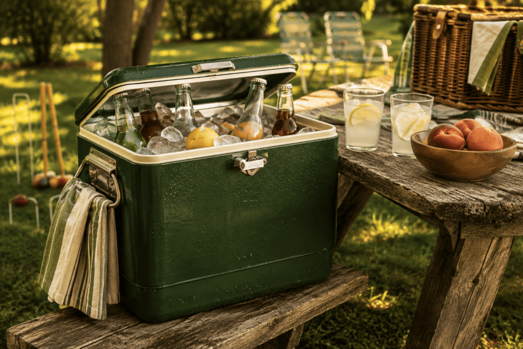 Vintage-inspired forest-green cooler filled with ice and glass bottles beside a weathered picnic table at a summer backyard gathering.