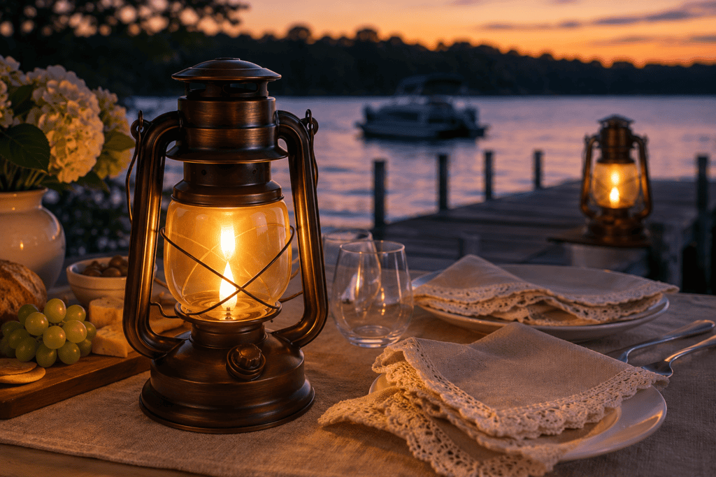 Two vintage-inspired bronze lanterns glowing beside an elegant lakeside table with linen napkins, charcuterie, and clear glassware at sunset.